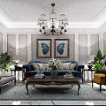 Modern Living and Dining Room Interior With Chandeliers Marble Floor TV Unit And Plants