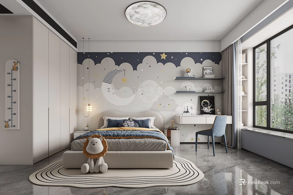 Kids Bedroom With Star Cloud Mural Plush Toy And Desk Chair 3d model 