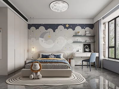 Kids Bedroom With Star Cloud Mural Plush Toy And Desk Chair 3d model