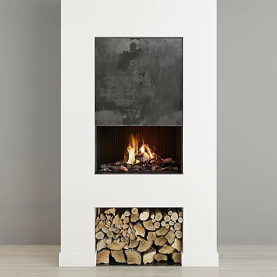 Modern Fireplace Interior with Burning Fire and Wood Storage Design 3d model
