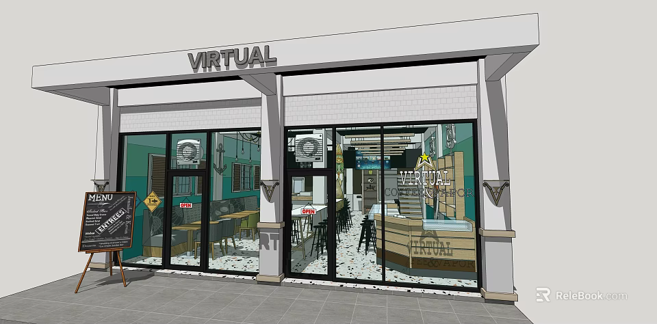 Virtual Cafe Exterior With Glass Windows And Interior Tables Chairs Layout 3d model 