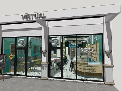 Virtual Cafe Exterior With Glass Windows And Interior Tables Chairs Layout 3d model