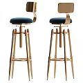 Two Modern Bar Stools With Golden Metal Frame And Blue Velvet Curved Armrests