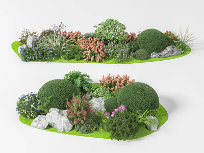 Shrubs Landscaping Display With Various Plants Colorful Flowers And Decorative Stones On Green Lawn 3d model
