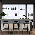 Stylish Bar Counter With Three Black Bar Stools Green Plant And Wine Bottles On Shelves
