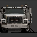 White Tow Truck With Blue Stripes Yellow Warning Lights And Extendable Arm