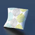 Modern Decorative Throw Pillow With Blue Gray Yellow Leaf Pattern On White Fabric 3d model