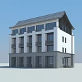 Modern Multi Story Office Building With Traditional Roof And White Gray Facade