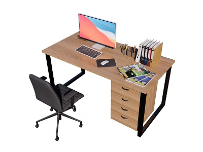 Wooden Office Desk With Computer Monitor Keyboard Mouse Pen Holder Books And Magazine 3d model