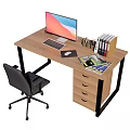 Wooden Office Desk With Computer Monitor Keyboard Mouse Pen Holder Books And Magazine