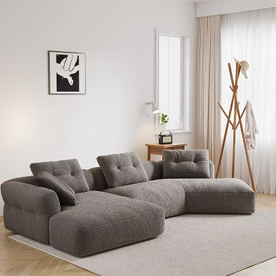 Modern Living Room Interior With Gray L Shaped Sofa Wall Art And Wooden Coat Rack 3d model
