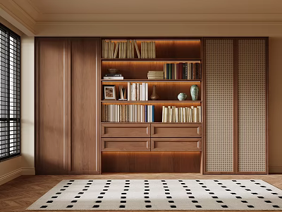 Modern Wooden Bookshelf With Multiple Shelves Books Vases And Lighting In Room 3d model