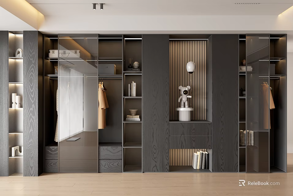 Modern Wardrobe Interior With Open Compartments Mirror Wooden Panels And Decorative Figurine 3d model 