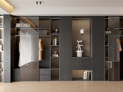 Modern Wardrobe Interior With Open Compartments Mirror Wooden Panels And Decorative Figurine 3d model