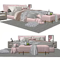 Modern Double Bed Interior With Soft Bedding Nightstand Ottoman And Teddy Bear 3d model
