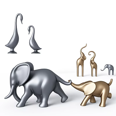 Animal Shaped Metallic Decorative Ornament Set With Silver Gold Swan Elephant Giraffe Figures 3d model