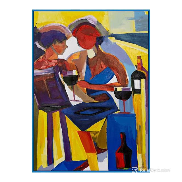 Abstract Painting Featuring Two Interacting Figures With Wine Glasses And Vibrant Colors 3d model 