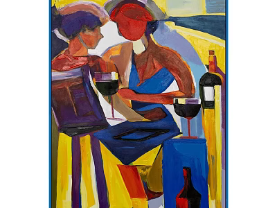 Abstract Painting Featuring Two Interacting Figures With Wine Glasses And Vibrant Colors 3d model