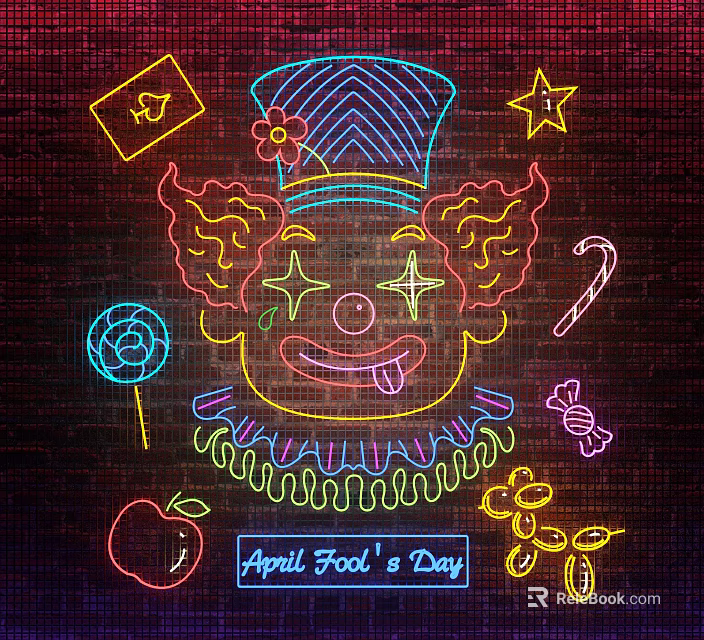 Vibrant Neon Decorative Lights Featuring Clown Face April Fools Day Candy Apple Stars And Flowers 3d model 