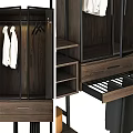 Modern Closet Storage System With Black Metal Shelves Storage Boxes Hangers And Wooden Cabinet