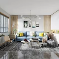 Modern Living and Dining Room Interior Design With Sofa Coffee Table Dining Table and Marble Flooring