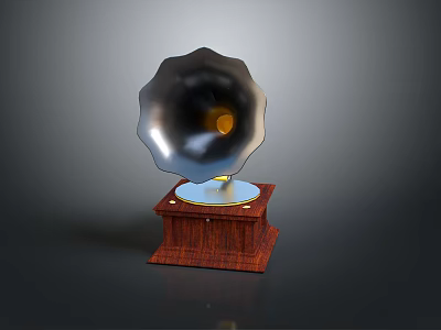 Classic Vintage Gramophone With Wooden Base Metal Horn And Turntable On Dark Background 3d model