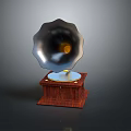 Classic Vintage Gramophone With Wooden Base Metal Horn And Turntable On Dark Background