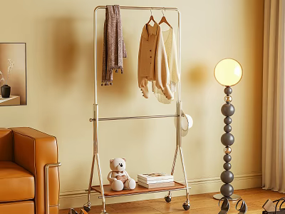 Metal Clothes Rack with Wheels Hanging Shirt Scarf and Shelf with Teddy Bear Books 3d model