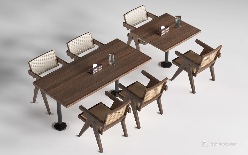 Two Wooden Dining Table Set With Light Upholstered Chairs And Decorative Items 3d model