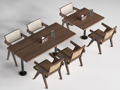Two Wooden Dining Table Set With Light Upholstered Chairs And Decorative Items 3d model