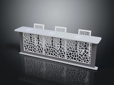 Modern Reception Desk With Laser Cut Design And QR Code Signs On White Countertop 3d model