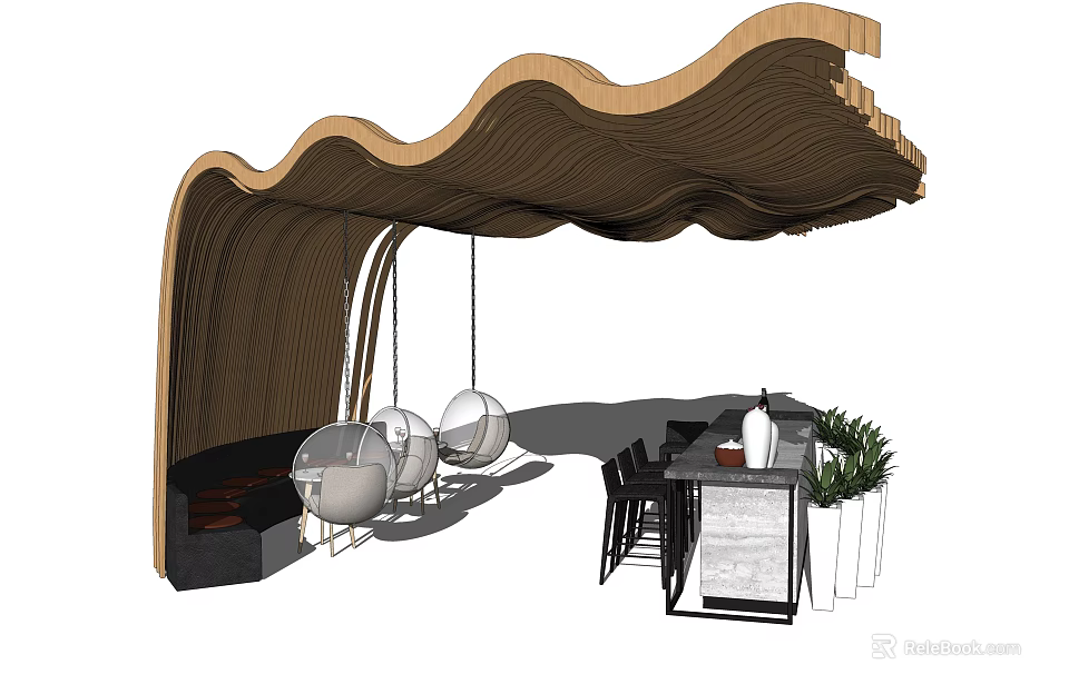 Wavy Wooden Ceiling Design For Modern Interior With Hanging Chairs And Plants 3d model 