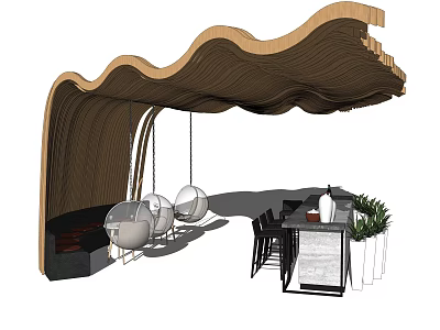 Wavy Wooden Ceiling Design For Modern Interior With Hanging Chairs And Plants 3d model
