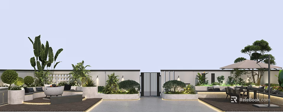 Modern Garden Landscape Design With Lush Foliage Black Metal Gate And Paved Seating Area 3d model 