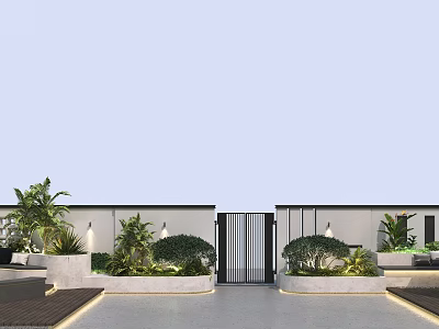 Modern Garden Landscape Design With Lush Foliage Black Metal Gate And Paved Seating Area 3d model