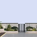 Modern Garden Landscape Design With Lush Foliage Black Metal Gate And Paved Seating Area