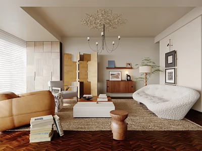 Modern Living Room Interior Design With Herringbone Floor Brown White Sofas Coffee Table And Chandelier 3d model