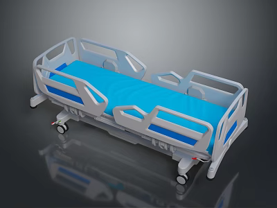 Modern Hospital Medical Bed Featuring Blue Mattress White Frame And Wheels 3d model
