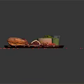 Wooden Tray With Assorted Foods Green Vegetables Beverage Red Berries Egg And Ingredients