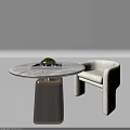 Modern Round Marble Top Table With Dark Legs And Light Gray Upholstered Chair Set