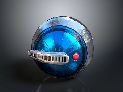 Metallic Sphere Device With Blue Surface Red Button And Silver Grille 3d model