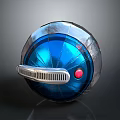 Metallic Sphere Device With Blue Surface Red Button And Silver Grille