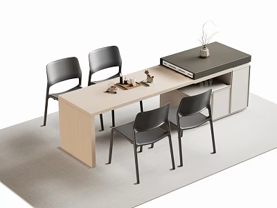 Modern Bar Counter Interior With Long Wooden Top Black Chairs Tableware And Vase 3d model