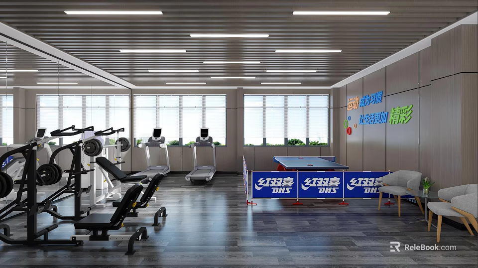 Open Layout Gym with Treadmill Ping Pong Table Fitness Equipment and Floor to Ceiling Windows 3d model 