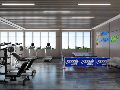 Open Layout Gym with Treadmill Ping Pong Table Fitness Equipment and Floor to Ceiling Windows 3d model