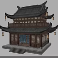 Ancient Chinese Two Story Wooden Building With Black Tiled Roof Hanging Lanterns And Stone Steps