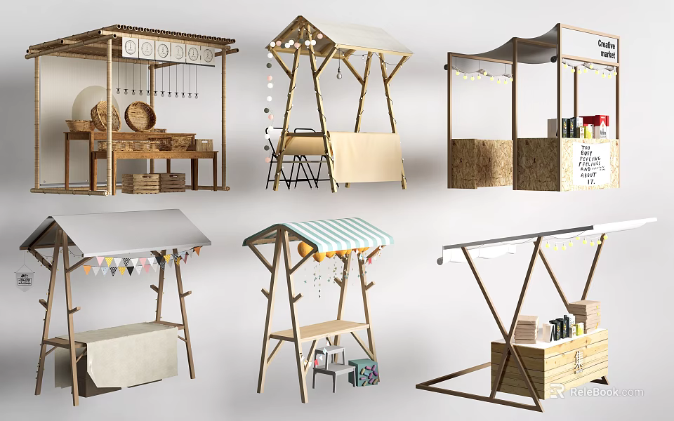 Outdoor Garden Decorative Structures With Various Wooden Bamboo Frames Canopies And Storage Boxes 3d model 
