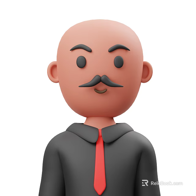 Cartoon Man With Bald Head Mustache Black Shirt And Red Tie 3d model 