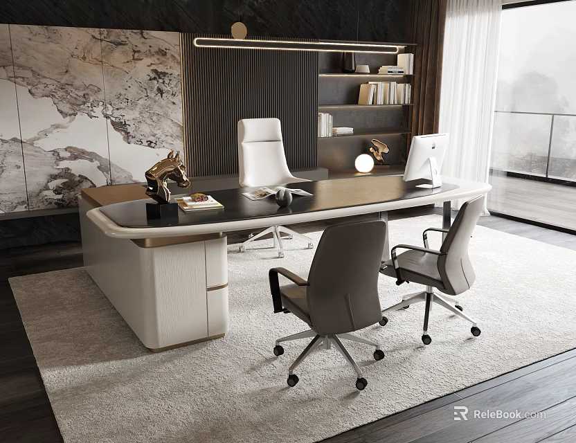 Modern Office Interior Design With Large Desk Ergonomic Chairs And Decorative Painting 3d model 