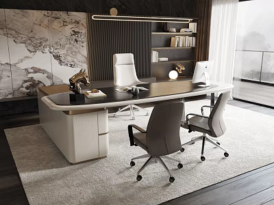 Modern Office Interior Design With Large Desk Ergonomic Chairs And Decorative Painting 3d model
